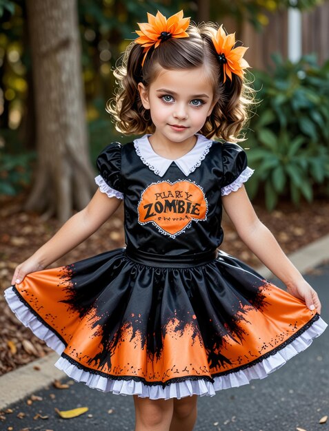 Photo a little girl wearing an orange and black dress with the word zombie on it