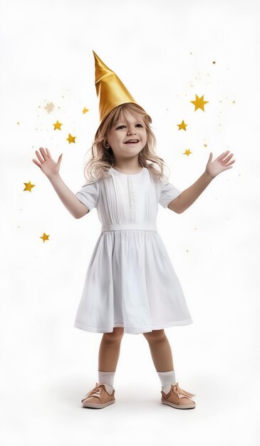 a little girl wearing a party hat with stars on it