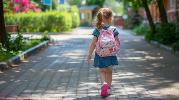 A little girl wearing a pink backpack walks down a sidewalk