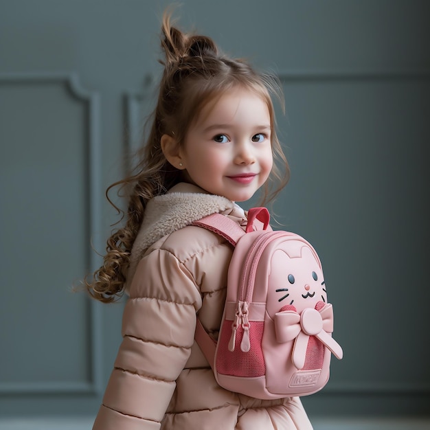 a little girl wearing a pink backpack with a pink zipper