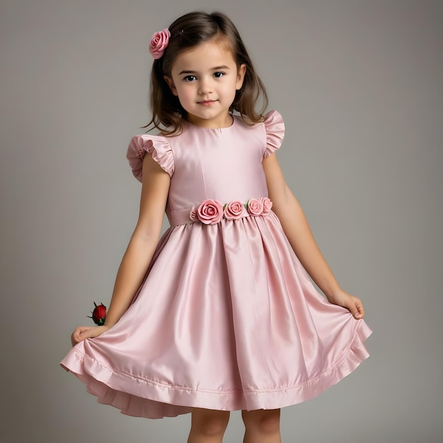 a little girl wearing a pink dress with roses on it