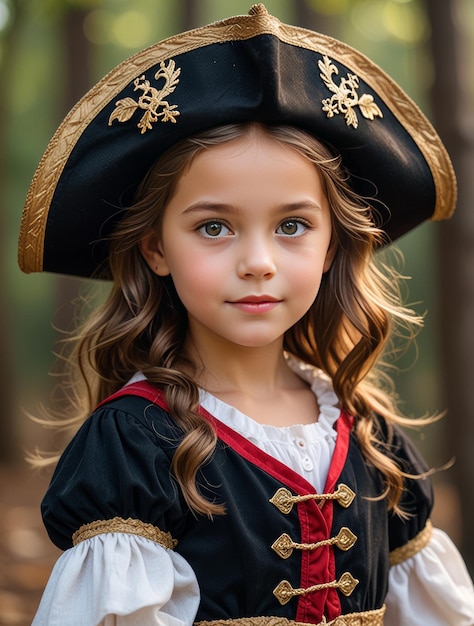 Photo a little girl wearing a pirate hat and a black and gold top