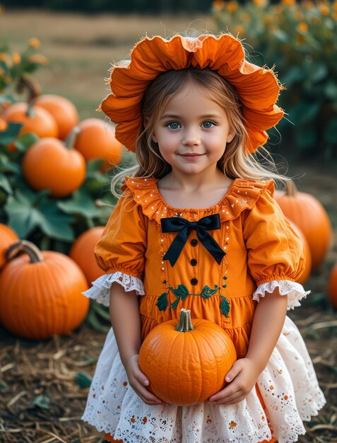 Photo a little girl wearing a pumpkin hat and a dress that says little girl