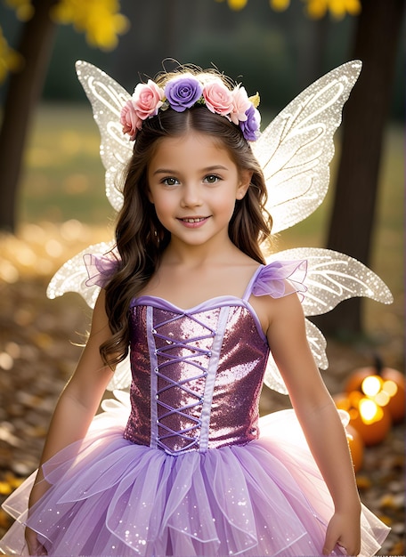 Photo a little girl wearing a purple dress with purple wings and a purple dress with purple wings