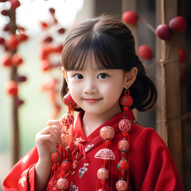 A little girl wearing red porcelain earrings in Korean style is weaving exquisite handmade ornaments in a creative way v 52 Job ID eb46a58cd9c042758afed5c3075df955