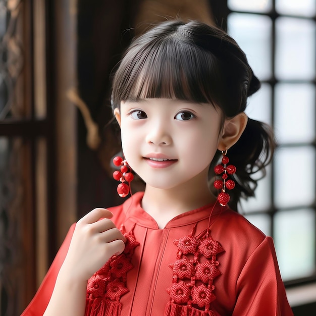 A little girl wearing red porcelain earrings in Korean style is weaving exquisite handmade ornaments