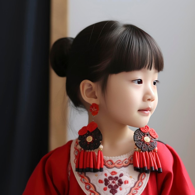 A little girl wearing red porcelain earrings in Korean style is weaving exquisite handmade ornaments