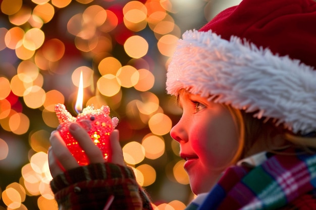 Photo a little girl wearing a santa hat and holding a candle in front of a christmas tree