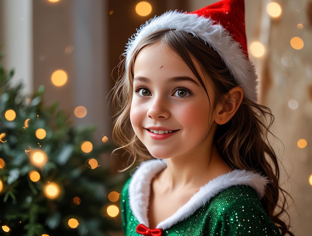 a little girl wearing a santa hat stands in front of a christmas tree