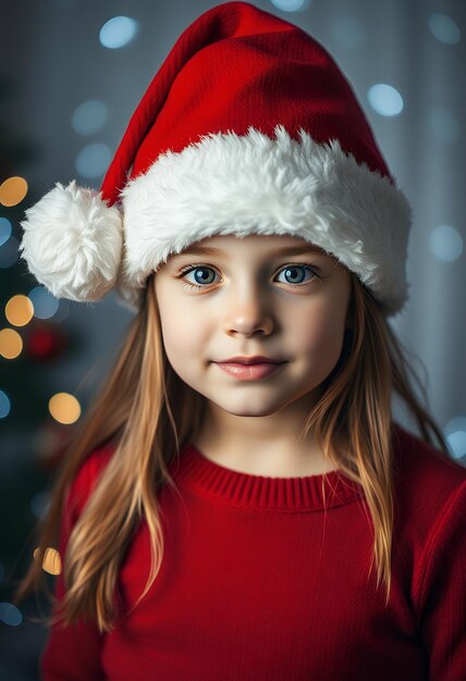 Photo a little girl wearing a santa hat with the word on it