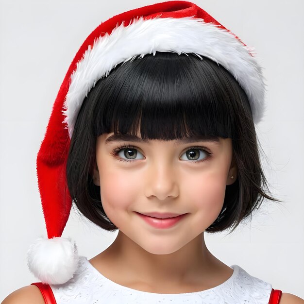 little girl wearing a santa hat with the word santa on it