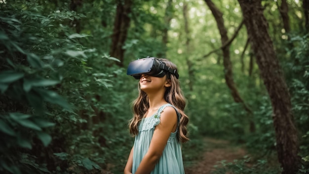 Little girl wearing virtual reality glasses in the forest butterflies