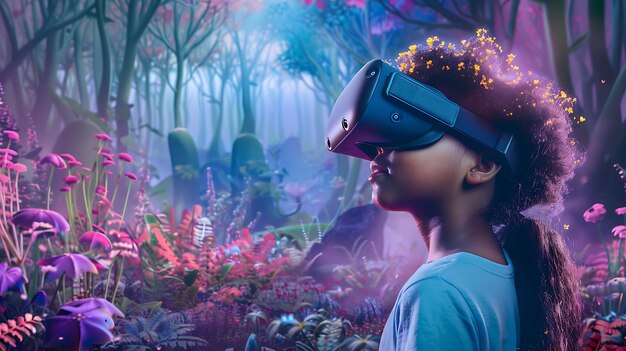 Little girl wearing a virtual reality headset and smiling She is standing in a beautiful forest with flowers and trees all around her