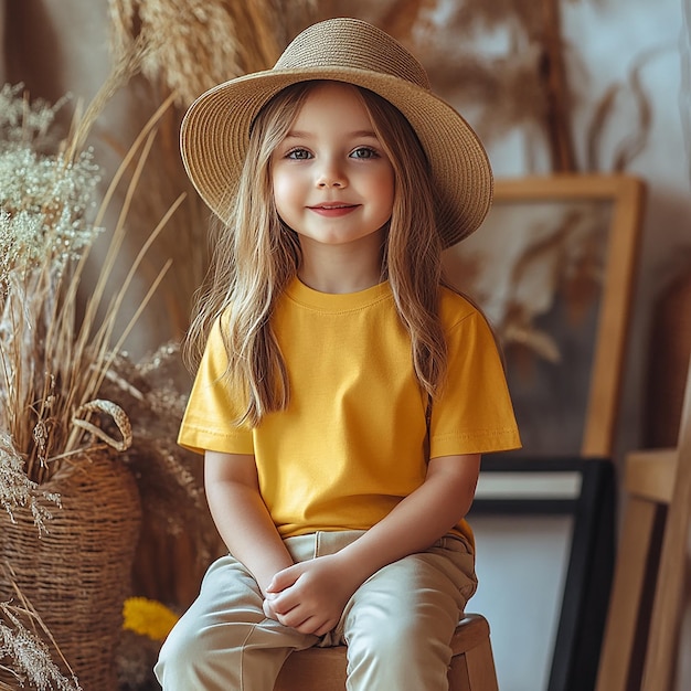 Photo a little girl wearing a yellow shirt that says quot shes wearing a hat quot