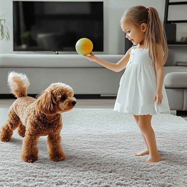 Photo little girl in white dress playing with a ball and brown poodle dog on a carpet