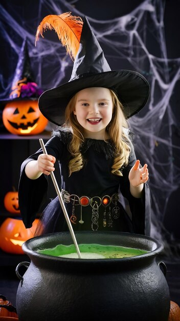 Photo little girl in witch cosplay brews potion halloween costume halloween party