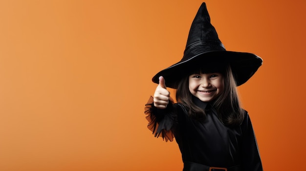 Little girl in witch costume for Halloween showing thumbs up on orange background