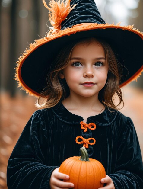 Photo a little girl in a witch costume holds a pumpkin