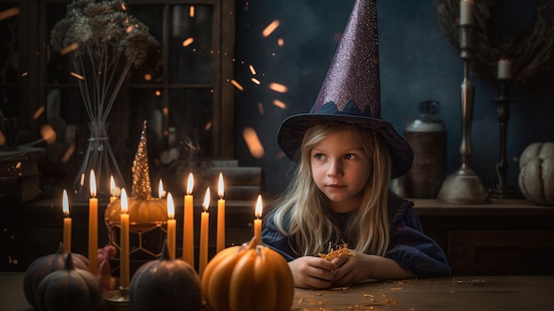 A little girl in a witch hat sits at a table with a lit candles and a witch hat.