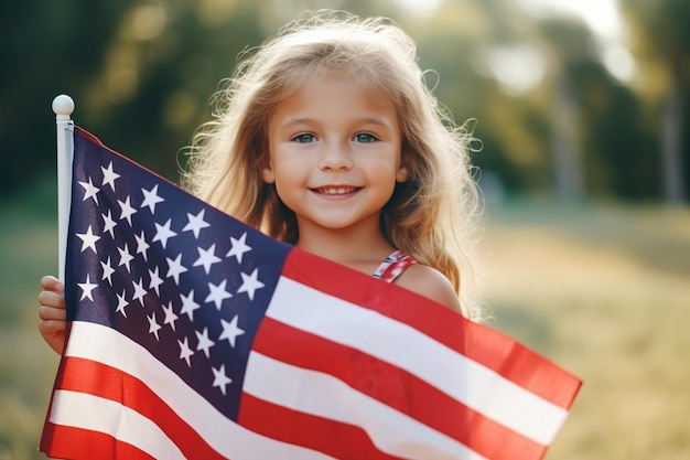 A little girl with an American flag in her hands