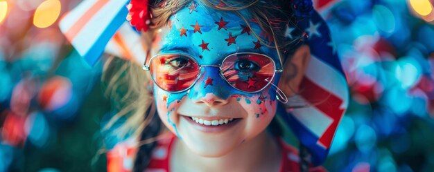 Little girl with american flag painted face smiling at a 4th of july party