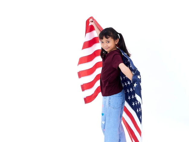 Little girl with American flag on white background