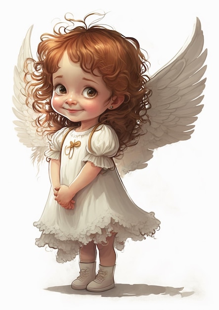 A little girl with angel wings is standing on a white background.