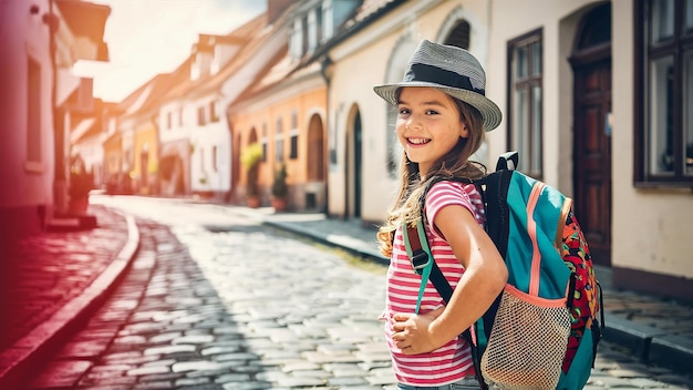 a little girl with a backpack and backpack walking down a cobblestone street