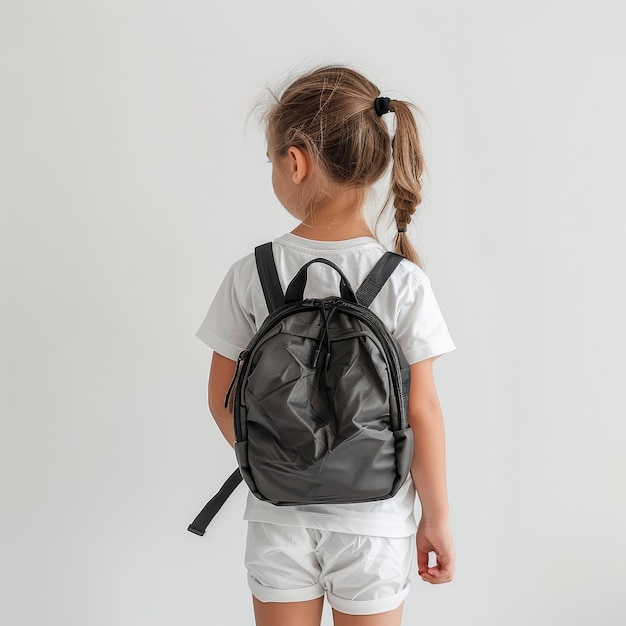 a little girl with a backpack that says  a  on it