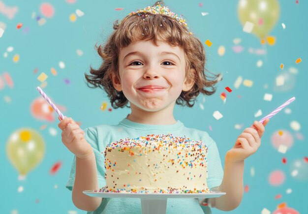 a little girl with a birthday cake and a cake with sprinkles on it