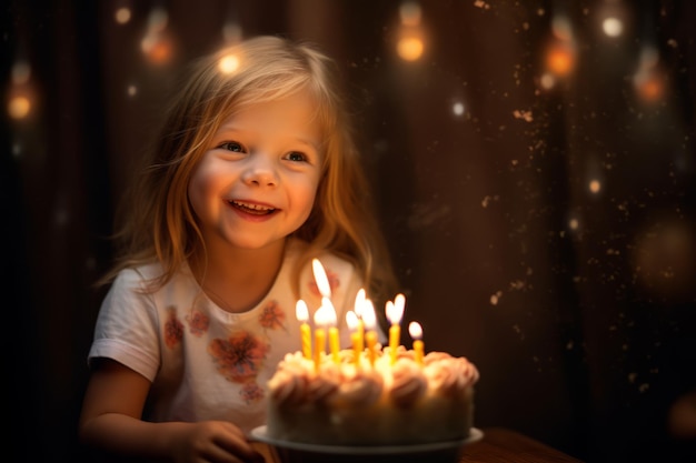 A little girl with a birthday cake with candles on it