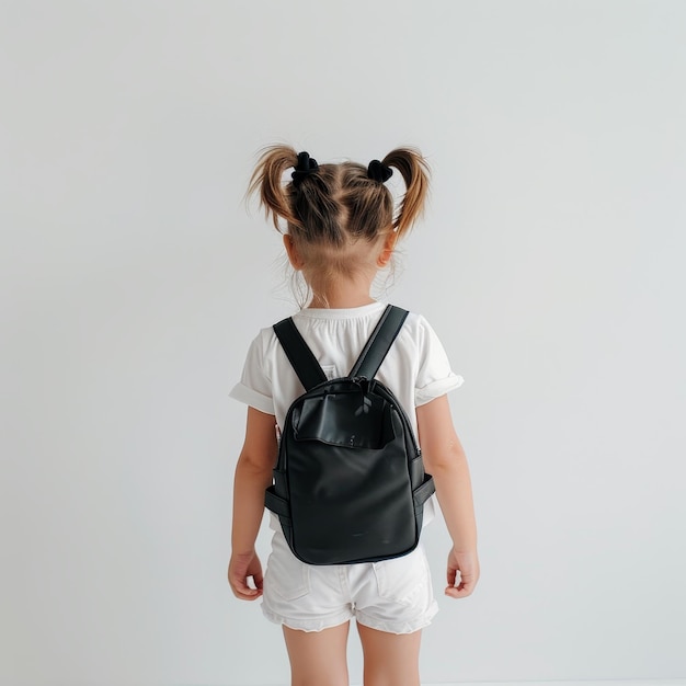 Photo a little girl with a black backpack on her back stands against a white background