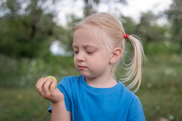 Little girl with blonde hair gathered in ponytails holds green apple in hand Child spends time in nature