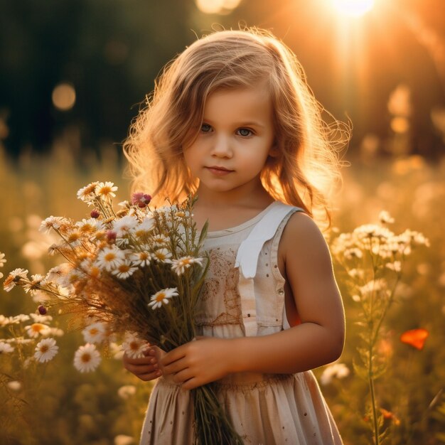 a little girl with blonde hair holding a bouquet of flowers in a field