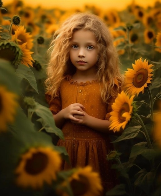 a little girl with blonde hair stands in a field of sunflowers