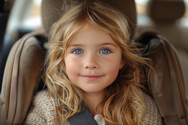 Little Girl With Blue Eyes in Car Seat