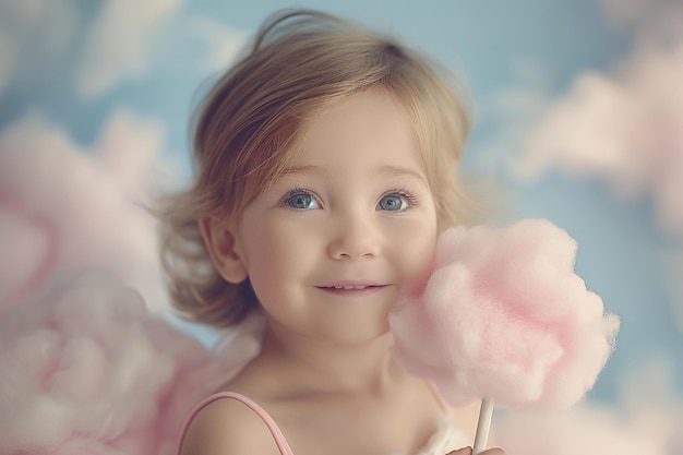 Photo little girl with blue eyes holds pink cotton candy against a light blue background