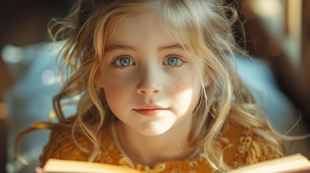 Little Girl With Blue Eyes Reading Book