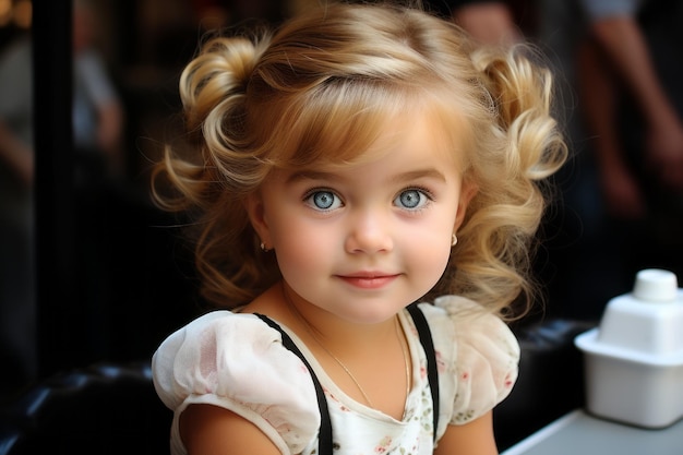 a little girl with blue eyes sitting at a table