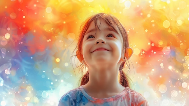 a little girl with a blue shirt is smiling and has a colorful background with the words  happy birthday