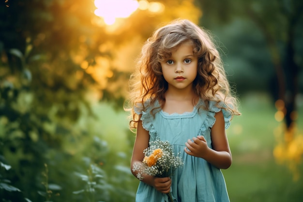 A little girl with a bouquet of flowers