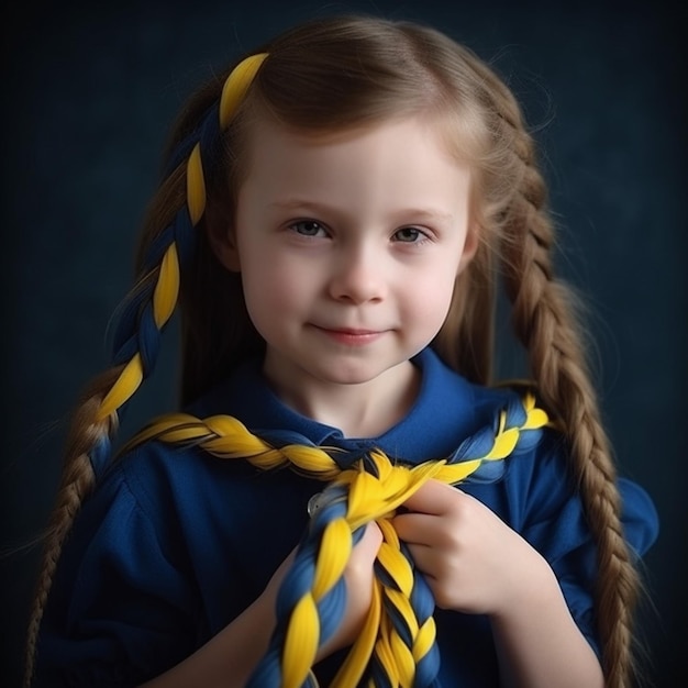 A little girl with braids is wearing a blue shirt with a blue collar.