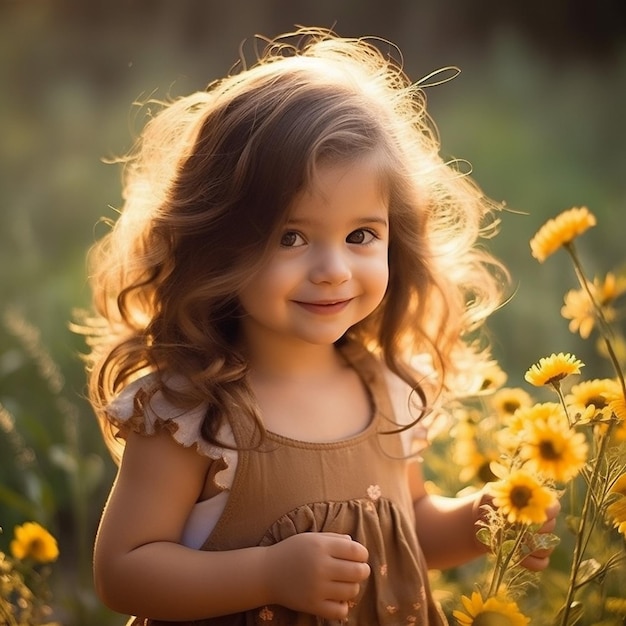 a little girl with brown hair and a brown dress is standing in a field of flowers