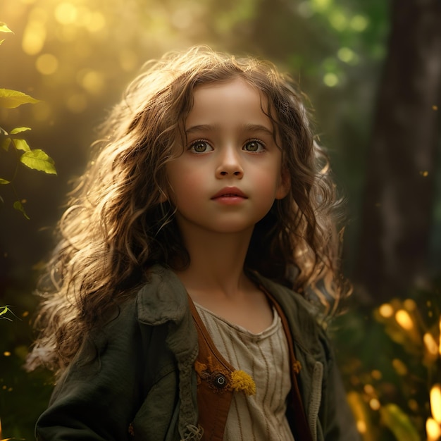 A little girl with brown hair and green eyes stands in a forest.