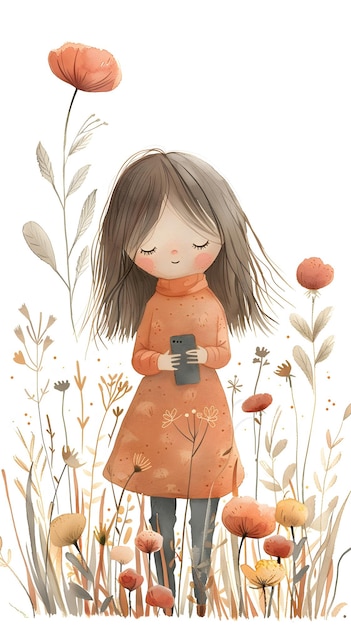 Little girl with brown hair holding toy cell phone in flower field