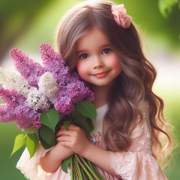 a little girl with a bunch of flowers in her hands