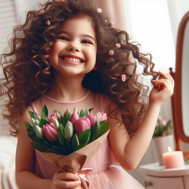 a little girl with a bunch of tulips in her hair