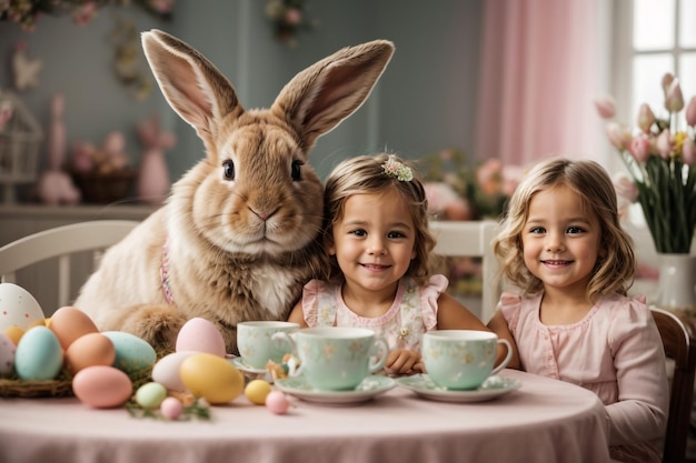 little girl with bunny ears with a live rabbit in the kitchen