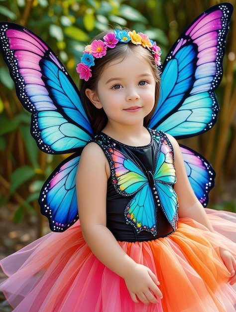 a little girl with a butterfly costume on her head