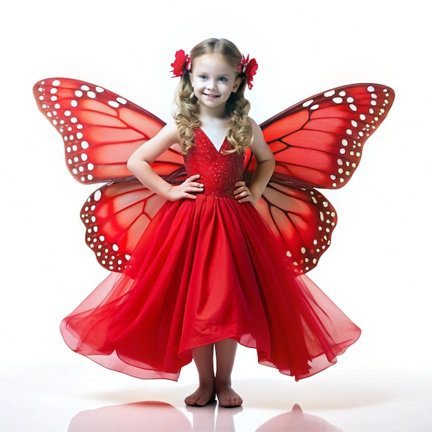 a little girl with a butterfly wings on her shoulder